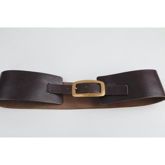 Vintage Brown Leather Belt Wide Brass Buckle Waist Boho Size M